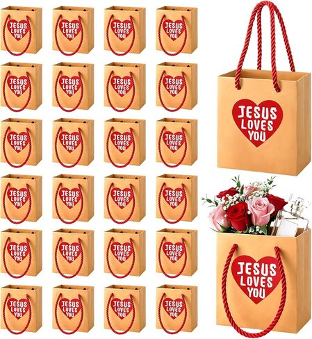 Fullhawl 24 Pcs Mini Valentine's Day Gift Bags Bulk Jesus Loves You Gifts Bag with Handle Extra Small Christian Heart Paper Bags 4.3 x 4 x 2.8 Inch for Valentine Party Boutique (Red Paper) in Saudi Arabia