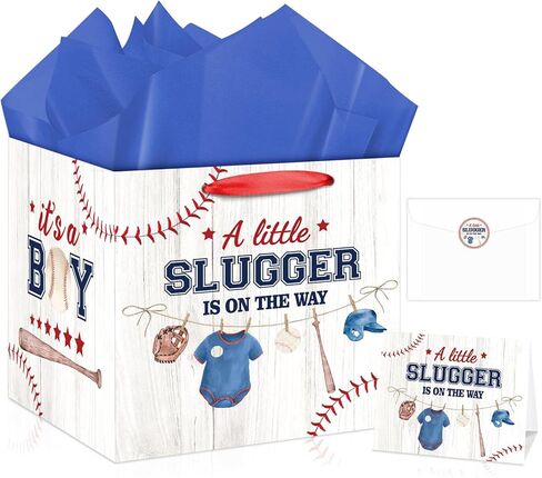 Extra Large Baseball Baby Boy Gift Bag Square Jumbo Baseball Baby Shower Bag with Wrapping Paper Card Sticker Envelope, It's A Boy Gift Bag for Sport Baby Shower Birthday Party New Parents Gifts in Saudi Arabia