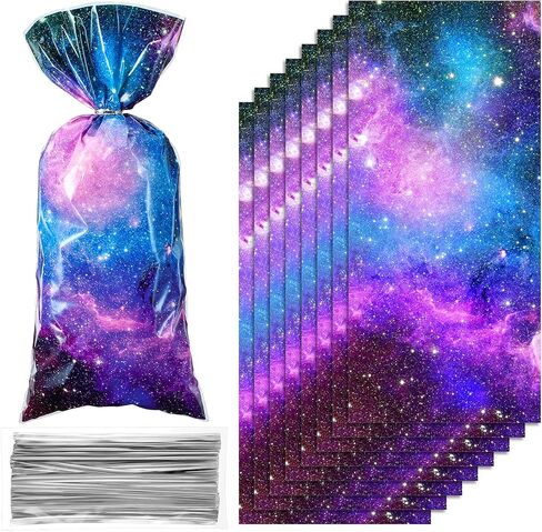 Clabby 100 Pcs Galaxy Party Favor Gift Bags, Cellophane Outer Space Candy Bags for Goodie Popcorn Treat, Solar System Planet Present Wrapping for Birthday Space Party Supplies in Saudi Arabia