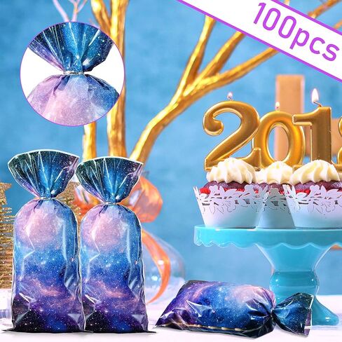 Clabby 100 Pcs Galaxy Party Favor Gift Bags, Cellophane Outer Space Candy Bags for Goodie Popcorn Treat, Solar System Planet Present Wrapping for Birthday Space Party Supplies in Saudi Arabia