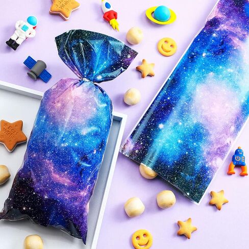 Clabby 100 Pcs Galaxy Party Favor Gift Bags, Cellophane Outer Space Candy Bags for Goodie Popcorn Treat, Solar System Planet Present Wrapping for Birthday Space Party Supplies in Saudi Arabia