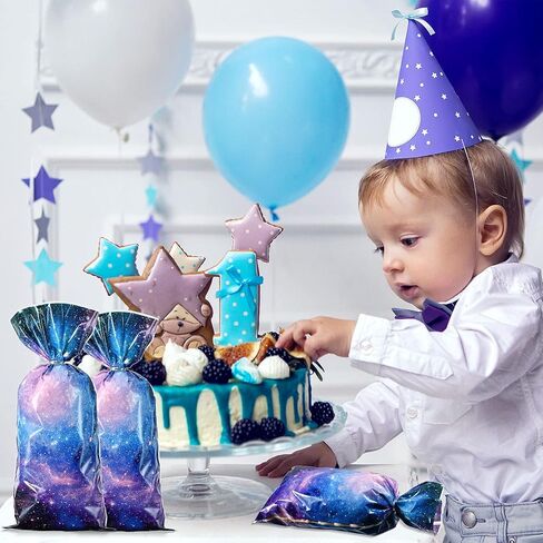 Clabby 100 Pcs Galaxy Party Favor Gift Bags, Cellophane Outer Space Candy Bags for Goodie Popcorn Treat, Solar System Planet Present Wrapping for Birthday Space Party Supplies in Saudi Arabia