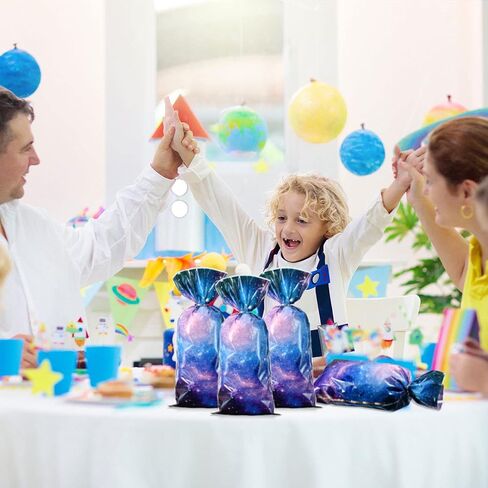 Clabby 100 Pcs Galaxy Party Favor Gift Bags, Cellophane Outer Space Candy Bags for Goodie Popcorn Treat, Solar System Planet Present Wrapping for Birthday Space Party Supplies in Saudi Arabia