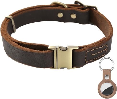 Genuine Leather Dog Collar with Solid Alloy Buckle, Hand-Stitched, Soft Non-Choking Design, Dark Brown, Includes Brown Leather AirTag Case (Small: Width = 0.7"; Neck = 9" - 14") in Kuwait