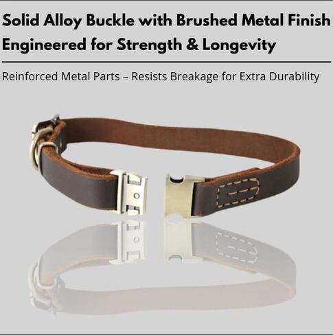 Genuine Leather Dog Collar with Solid Alloy Buckle, Hand-Stitched, Soft Non-Choking Design, Dark Brown, Includes Brown Leather AirTag Case (Small: Width = 0.7"; Neck = 9" - 14") in Kuwait