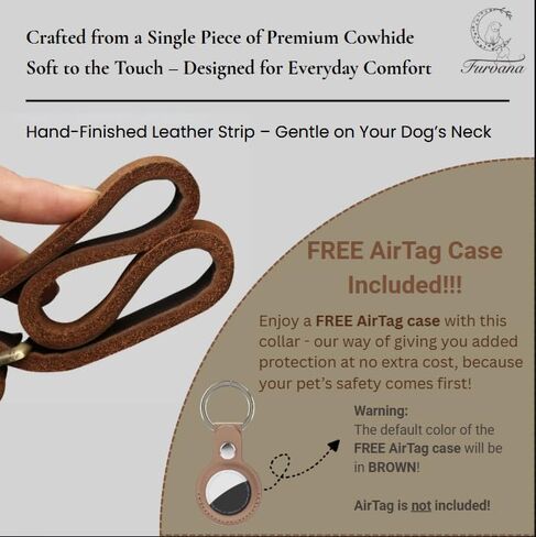 Genuine Leather Dog Collar with Solid Alloy Buckle, Hand-Stitched, Soft Non-Choking Design, Dark Brown, Includes Brown Leather AirTag Case (Small: Width = 0.7"; Neck = 9" - 14") in Kuwait