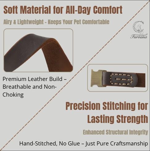 Genuine Leather Dog Collar with Solid Alloy Buckle, Hand-Stitched, Soft Non-Choking Design, Dark Brown, Includes Brown Leather AirTag Case (Small: Width = 0.7"; Neck = 9" - 14") in Kuwait