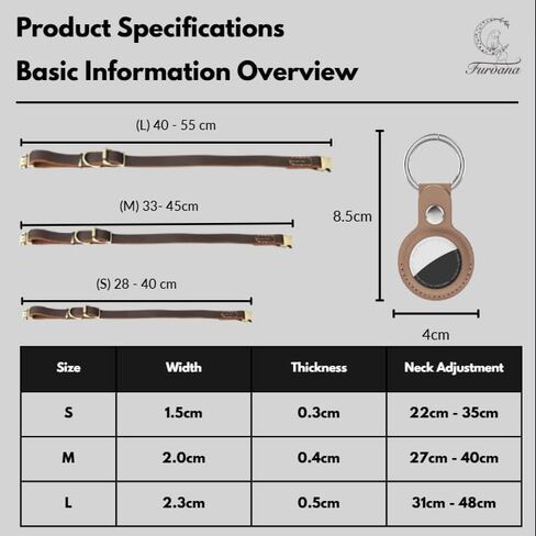Genuine Leather Dog Collar with Solid Alloy Buckle, Hand-Stitched, Soft Non-Choking Design, Dark Brown, Includes Brown Leather AirTag Case (Small: Width = 0.7"; Neck = 9" - 14") in Kuwait