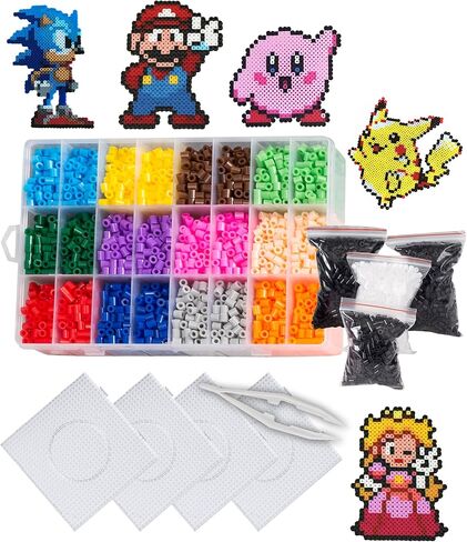 EVORETRO Perler Beads Kit in a Box - 6,800 Fuse Beads Kit with 14 Bright Gaming Colors - Melting Beads Set Including Peg Boards, Pliers, Extra Black & White Perler Beads, Patterns NOT Included in Saudi Arabia