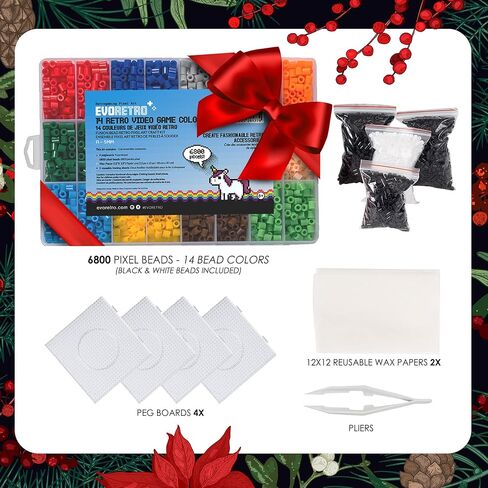EVORETRO Perler Beads Kit in a Box - 6,800 Fuse Beads Kit with 14 Bright Gaming Colors - Melting Beads Set Including Peg Boards, Pliers, Extra Black & White Perler Beads, Patterns NOT Included in Saudi Arabia