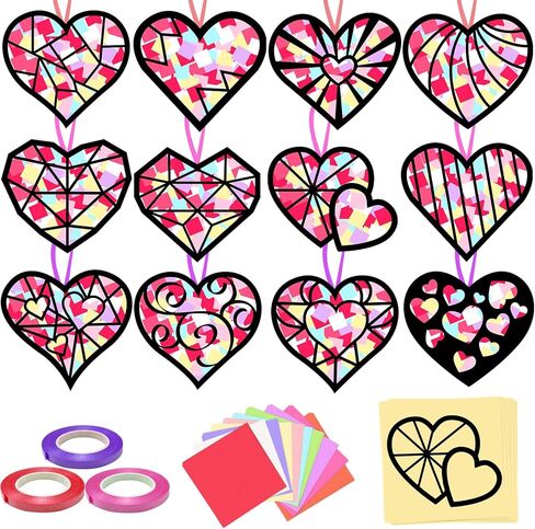 kopooeoe 48 مجموعات عيد الحب suncatchers الحرفية diy القلب المناديل الورقية الحرف مجموعات عيد الحب القلب شنقا الزينة للفصل الدراسي نافذة المنزل الزجاج الملون تأثير اللوازم الفنية in Kuwait