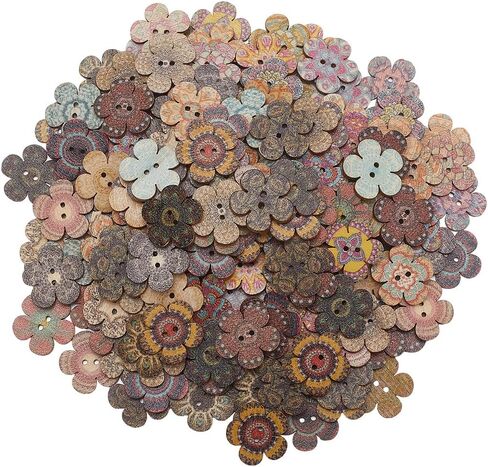 1 Box 200pcs Large Wood Flower Buttons Flower Shaped Buttons Bulk Wooden Multicolor 2 Hole 20MM Spring Retro Printed Floral Button for Crafting Sewing Clothes DIY Project Making Decorations in Saudi Arabia
