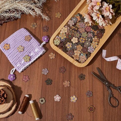 1 Box 200pcs Large Wood Flower Buttons Flower Shaped Buttons Bulk Wooden Multicolor 2 Hole 20MM Spring Retro Printed Floral Button for Crafting Sewing Clothes DIY Project Making Decorations in Saudi Arabia