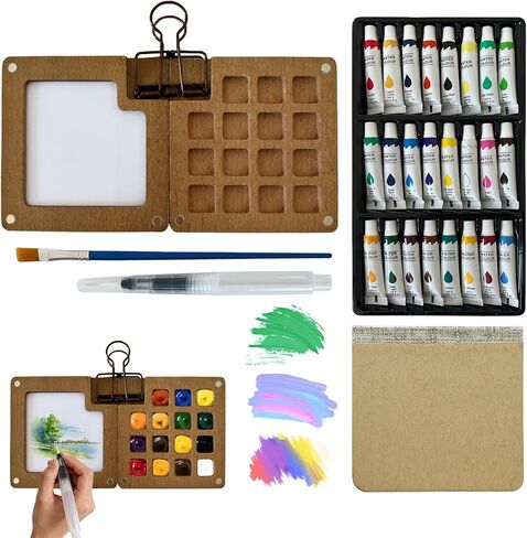 Mini Watercolor Paint Set, 24 Colors Travel Watercolor Kit with 15 Grids Walnut Wood Palette, Water Brush, Sketchbook & Clip | Portable Pocket Painting Set for Adults, Beginners, Artists, Students in Saudi Arabia