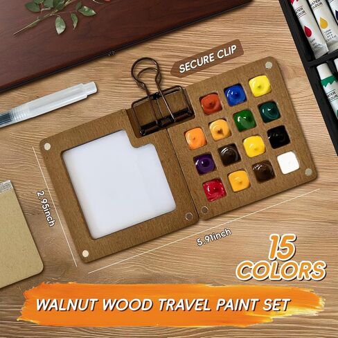 Mini Watercolor Paint Set, 24 Colors Travel Watercolor Kit with 15 Grids Walnut Wood Palette, Water Brush, Sketchbook & Clip | Portable Pocket Painting Set for Adults, Beginners, Artists, Students in Saudi Arabia
