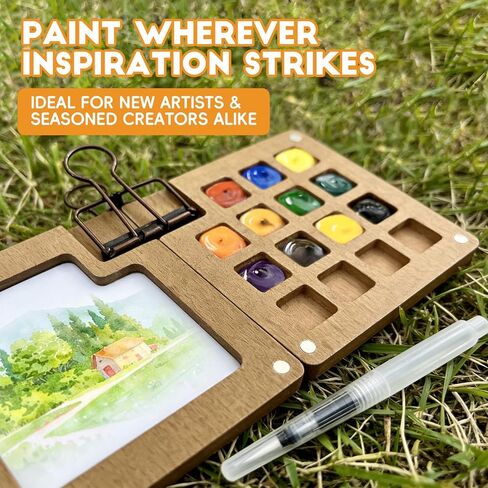 Mini Watercolor Paint Set, 24 Colors Travel Watercolor Kit with 15 Grids Walnut Wood Palette, Water Brush, Sketchbook & Clip | Portable Pocket Painting Set for Adults, Beginners, Artists, Students in Saudi Arabia
