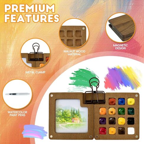 Mini Watercolor Paint Set, 24 Colors Travel Watercolor Kit with 15 Grids Walnut Wood Palette, Water Brush, Sketchbook & Clip | Portable Pocket Painting Set for Adults, Beginners, Artists, Students in Saudi Arabia