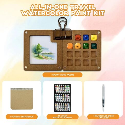 Mini Watercolor Paint Set, 24 Colors Travel Watercolor Kit with 15 Grids Walnut Wood Palette, Water Brush, Sketchbook & Clip | Portable Pocket Painting Set for Adults, Beginners, Artists, Students in Saudi Arabia