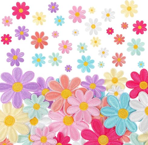 32 Pcs Daisy Flower Iron on Patches for Clothes Jeans Hats, Cute Daisy Flower Applique Patches, Floral Embroidery Patch for Jeans Clothes Jackets Backpacks DIY Decoration, 8 Colors in Saudi Arabia
