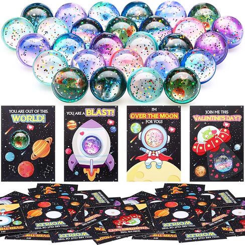 Hungdao 28 Pcs Valentine's Day Gift Card with Space Bouncy Balls Bulk Valentine's Greeting Cards Bouncing Ball Favors for Valentine School Classroom Exchange Gift in Saudi Arabia