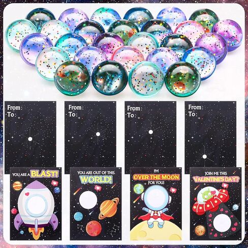 Hungdao 28 Pcs Valentine's Day Gift Card with Space Bouncy Balls Bulk Valentine's Greeting Cards Bouncing Ball Favors for Valentine School Classroom Exchange Gift in Saudi Arabia