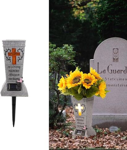 YLSMILE Cemetery Grave Vase with Solar Cross LED, Cemetery Decorations for Grave, Headstones Graves Vases for Fresh/Artificial Flowers, Memorial Gifts for Loss of Loved One in Kuwait