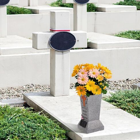 YLSMILE Cemetery Grave Vase with Solar Cross LED, Cemetery Decorations for Grave, Headstones Graves Vases for Fresh/Artificial Flowers, Memorial Gifts for Loss of Loved One in Kuwait