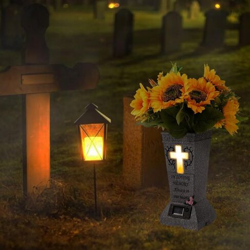 YLSMILE Cemetery Grave Vase with Solar Cross LED, Cemetery Decorations for Grave, Headstones Graves Vases for Fresh/Artificial Flowers, Memorial Gifts for Loss of Loved One in Kuwait