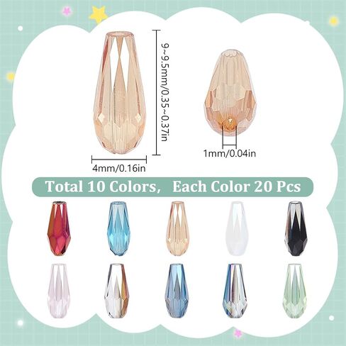 SUNNYCLUE 1 صندوق 200 قطعة 10 ألوان قطرة الماء حبة الزجاج دمعة الخرز السائبة بالكهرباء الأوجه المسيل للدموع قطرة الماء على شكل حبة فاصل فضفاضة لصنع المجوهرات سوار قلادة DIY لوازم الحرف اليدوية in Kuwait