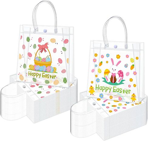 Motipuns 12 Pcs Happy Easter Gift Bags Reusable Clear PVC Bunny Treat Bags with Handles Egg Goodie Party Favor Totes for Easter Spring Birthday Holiday Party Supplies in Saudi Arabia
