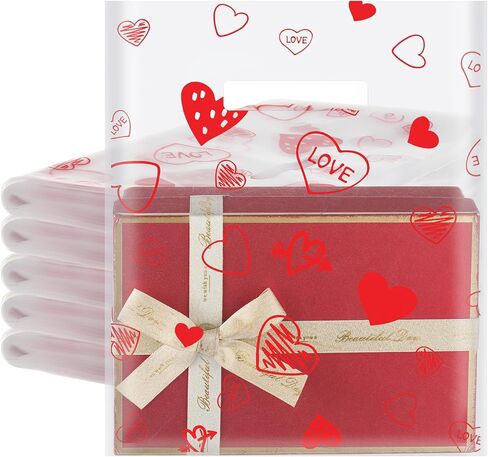 Qilery 50 Pcs Valentine‘s Day Heart Clear Gift Bag 9 x 12 Inches Plastic Merchandise Bag Valentine Plastic Shopping Bag Transparent Gift Wrap Bags for Party Favors Small Business Supplies in Saudi Arabia
