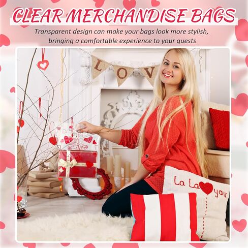 Qilery 50 Pcs Valentine‘s Day Heart Clear Gift Bag 9 x 12 Inches Plastic Merchandise Bag Valentine Plastic Shopping Bag Transparent Gift Wrap Bags for Party Favors Small Business Supplies in Saudi Arabia