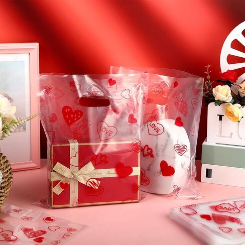 Qilery 50 Pcs Valentine‘s Day Heart Clear Gift Bag 9 x 12 Inches Plastic Merchandise Bag Valentine Plastic Shopping Bag Transparent Gift Wrap Bags for Party Favors Small Business Supplies in Saudi Arabia