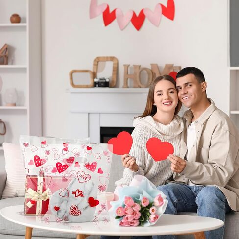 Qilery 50 Pcs Valentine‘s Day Heart Clear Gift Bag 9 x 12 Inches Plastic Merchandise Bag Valentine Plastic Shopping Bag Transparent Gift Wrap Bags for Party Favors Small Business Supplies in Saudi Arabia