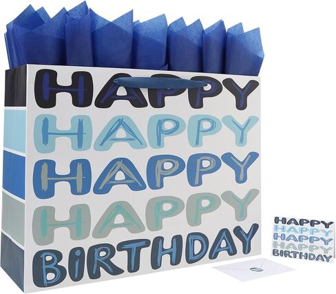 Qirrmiy 23 x 17 Inch Extra Large Blue Happy Birthday Gift Bag Set with Handles, Greeting Card, Tissue Papers and Stickers, Oversized XXL Big Gift Bag for Men Boys Kids Teens, Words Design, 1 Pcs in Saudi Arabia