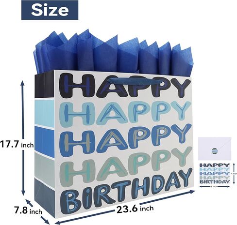 Qirrmiy 23 x 17 Inch Extra Large Blue Happy Birthday Gift Bag Set with Handles, Greeting Card, Tissue Papers and Stickers, Oversized XXL Big Gift Bag for Men Boys Kids Teens, Words Design, 1 Pcs in Saudi Arabia
