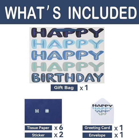 Qirrmiy 23 x 17 Inch Extra Large Blue Happy Birthday Gift Bag Set with Handles, Greeting Card, Tissue Papers and Stickers, Oversized XXL Big Gift Bag for Men Boys Kids Teens, Words Design, 1 Pcs in Saudi Arabia
