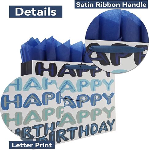 Qirrmiy 23 x 17 Inch Extra Large Blue Happy Birthday Gift Bag Set with Handles, Greeting Card, Tissue Papers and Stickers, Oversized XXL Big Gift Bag for Men Boys Kids Teens, Words Design, 1 Pcs in Saudi Arabia