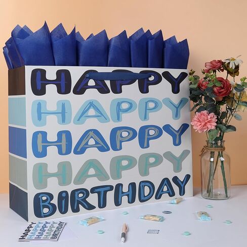 Qirrmiy 23 x 17 Inch Extra Large Blue Happy Birthday Gift Bag Set with Handles, Greeting Card, Tissue Papers and Stickers, Oversized XXL Big Gift Bag for Men Boys Kids Teens, Words Design, 1 Pcs in Saudi Arabia
