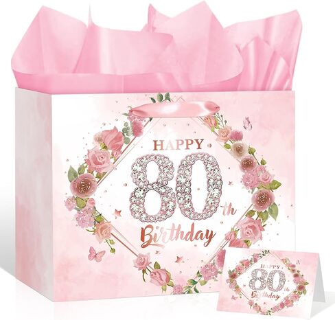 Pink 80th Birthday Gift Bag Happy 80th Birthday Wrap Bag with Card and Tissue Paper Silver 80 Years Old Gift Wrapping Paper Pink Floral 80th Gift Bag for Her Women Mom Bday Decorations Party Supplies in Saudi Arabia