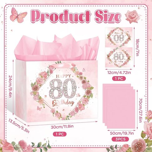 Pink 80th Birthday Gift Bag Happy 80th Birthday Wrap Bag with Card and Tissue Paper Silver 80 Years Old Gift Wrapping Paper Pink Floral 80th Gift Bag for Her Women Mom Bday Decorations Party Supplies in Saudi Arabia