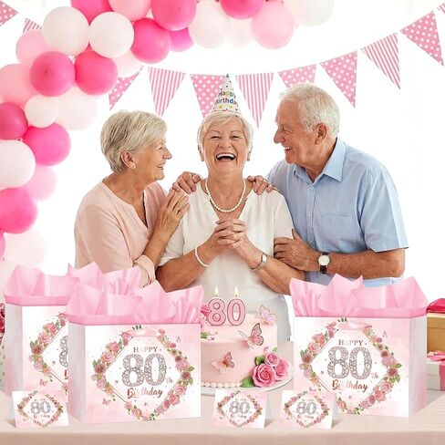 Pink 80th Birthday Gift Bag Happy 80th Birthday Wrap Bag with Card and Tissue Paper Silver 80 Years Old Gift Wrapping Paper Pink Floral 80th Gift Bag for Her Women Mom Bday Decorations Party Supplies in Saudi Arabia