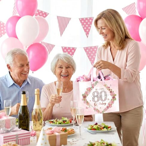 Pink 80th Birthday Gift Bag Happy 80th Birthday Wrap Bag with Card and Tissue Paper Silver 80 Years Old Gift Wrapping Paper Pink Floral 80th Gift Bag for Her Women Mom Bday Decorations Party Supplies in Saudi Arabia