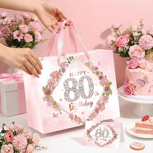 Pink 80th Birthday Gift Bag Happy 80th Birthday Wrap Bag with Card and Tissue Paper Silver 80 Years Old Gift Wrapping Paper Pink Floral 80th Gift Bag for Her Women Mom Bday Decorations Party Supplies in Saudi Arabia