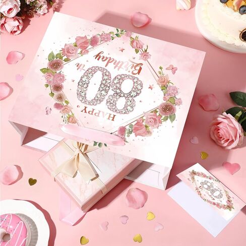 Pink 80th Birthday Gift Bag Happy 80th Birthday Wrap Bag with Card and Tissue Paper Silver 80 Years Old Gift Wrapping Paper Pink Floral 80th Gift Bag for Her Women Mom Bday Decorations Party Supplies in Saudi Arabia