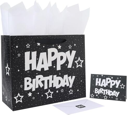 13'' Large Black Birthday Gift Bag Set with Handles, Greeting Card, White Tissue Papers and Stickers for Men Boys Kids Teens for Birthday Party, Baby Shower, Stars Design, 1 Pcs in Saudi Arabia