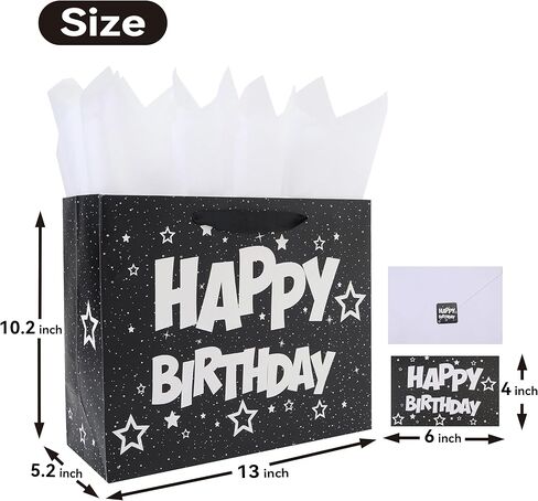 13'' Large Black Birthday Gift Bag Set with Handles, Greeting Card, White Tissue Papers and Stickers for Men Boys Kids Teens for Birthday Party, Baby Shower, Stars Design, 1 Pcs in Saudi Arabia