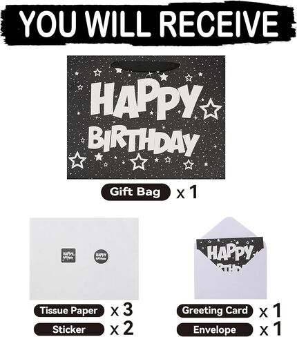 13'' Large Black Birthday Gift Bag Set with Handles, Greeting Card, White Tissue Papers and Stickers for Men Boys Kids Teens for Birthday Party, Baby Shower, Stars Design, 1 Pcs in Saudi Arabia