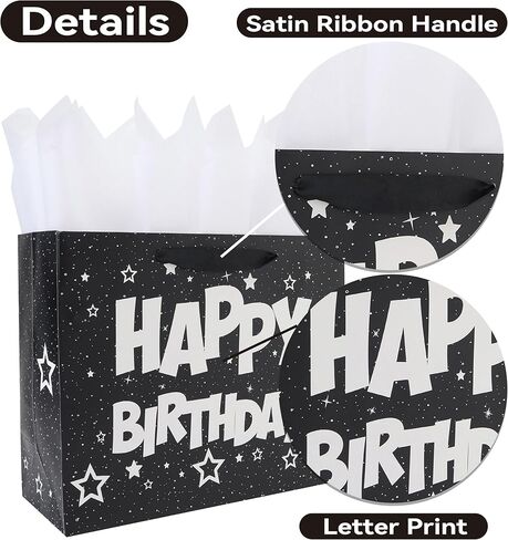 13'' Large Black Birthday Gift Bag Set with Handles, Greeting Card, White Tissue Papers and Stickers for Men Boys Kids Teens for Birthday Party, Baby Shower, Stars Design, 1 Pcs in Saudi Arabia