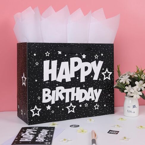 13'' Large Black Birthday Gift Bag Set with Handles, Greeting Card, White Tissue Papers and Stickers for Men Boys Kids Teens for Birthday Party, Baby Shower, Stars Design, 1 Pcs in Saudi Arabia